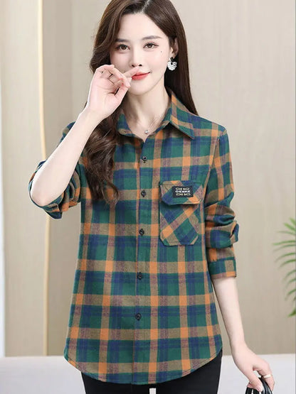 Loose Long Sleeve Mom Shirt Women's New Style Slimming Age-Defying Outerwear Versatile Early Autumn Plaid Outfit  Collar