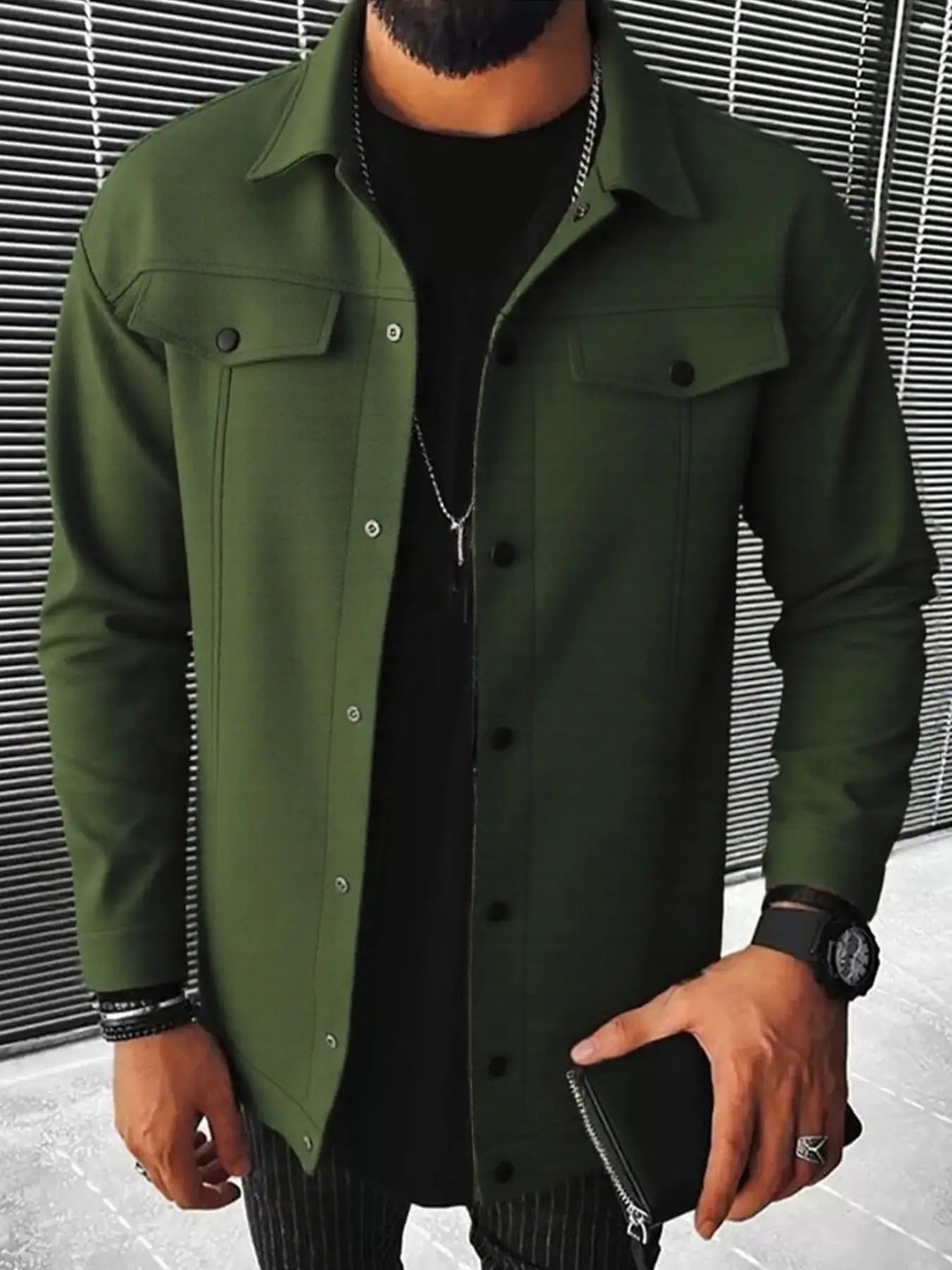 Autumn New Men's Woolen Jacket Solid Color Jacket Coat Collar Button Front Flip Pocket Coat
