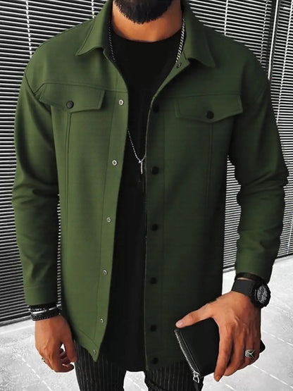 Autumn New Men's Woolen Jacket Solid Color Jacket Coat Collar Button Front Flip Pocket Coat