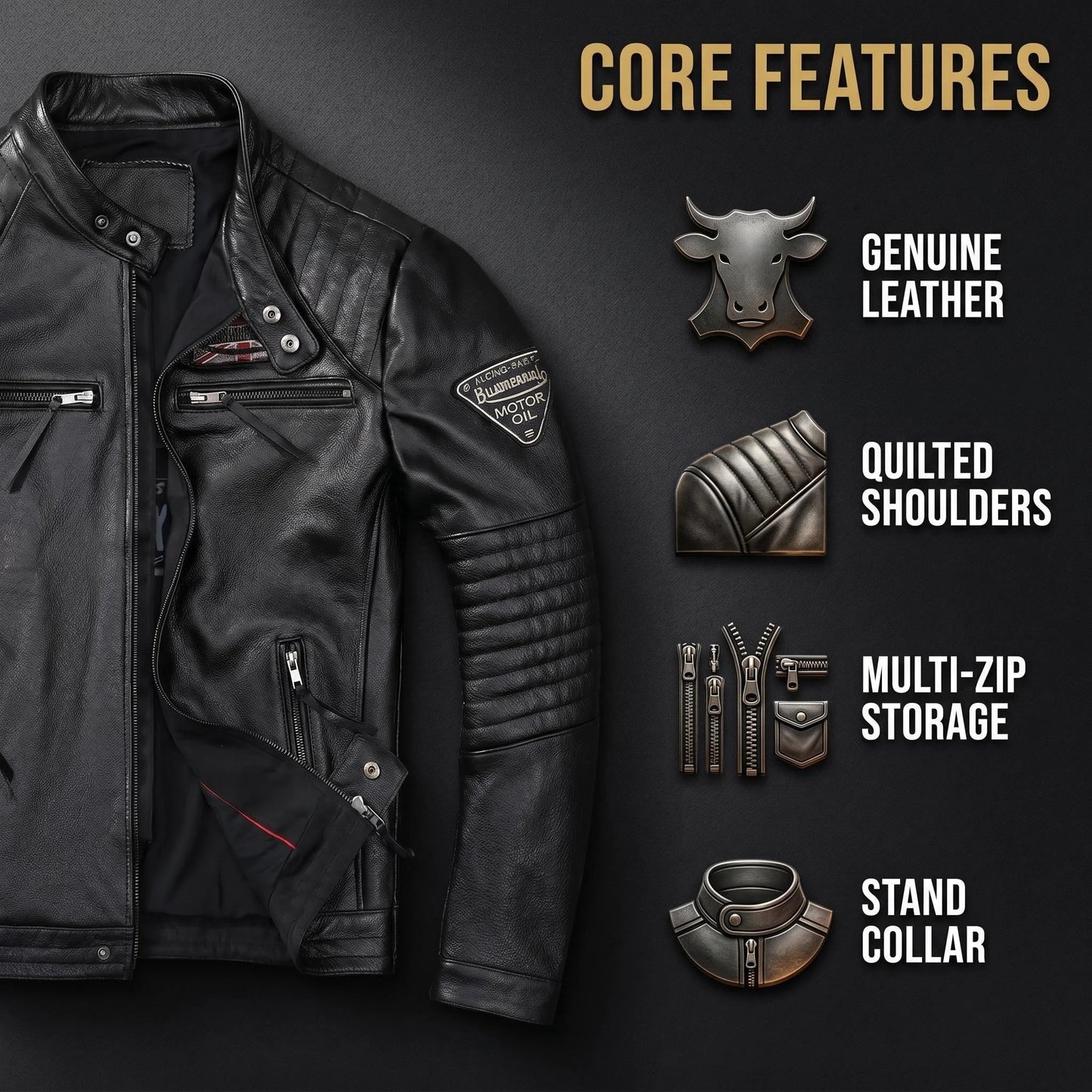 Genuine Cowhide Leather Biker Jacket Men's Slim Fit Short Motorcycle Coat Embroidery