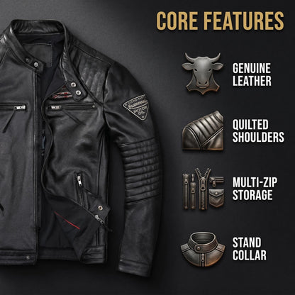 Genuine Cowhide Leather Biker Jacket Men's Slim Fit Short Motorcycle Coat Embroidery