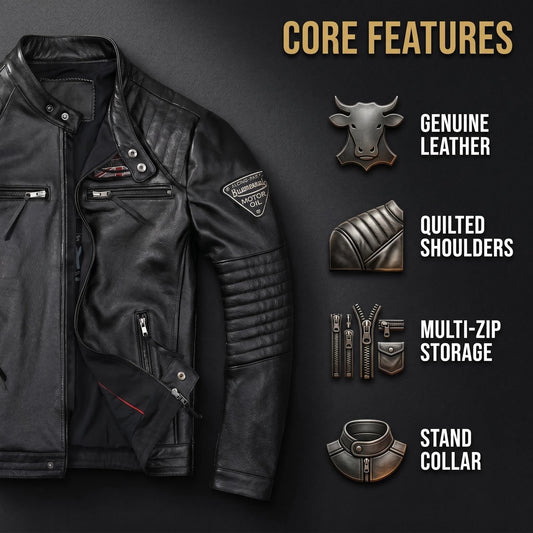 Genuine Cowhide Leather Biker Jacket Men's Slim Fit Short Motorcycle Coat Embroidery