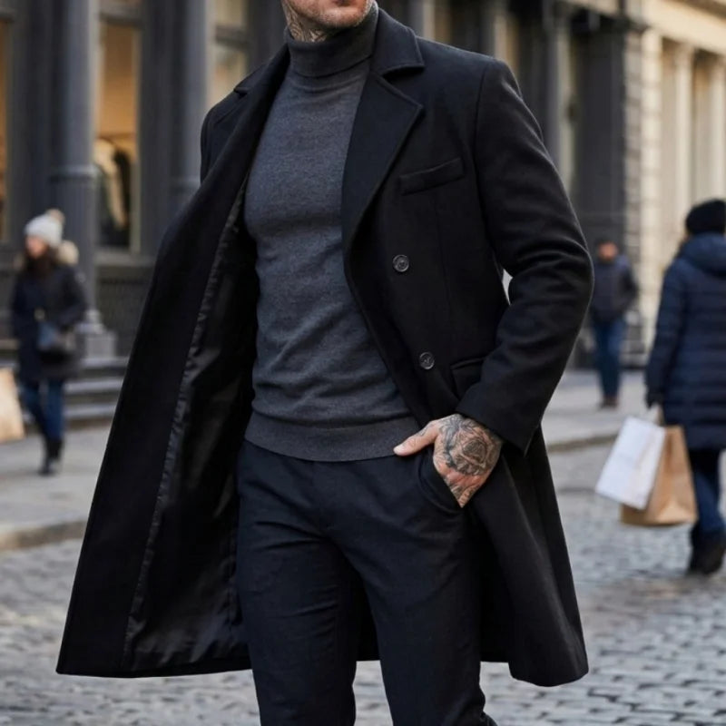 Winter Men's Wool Blends Double-Breasted Knee-Length Trench Coat  Timeless Business-Casual Long-Length Outerwear Jacket for Men