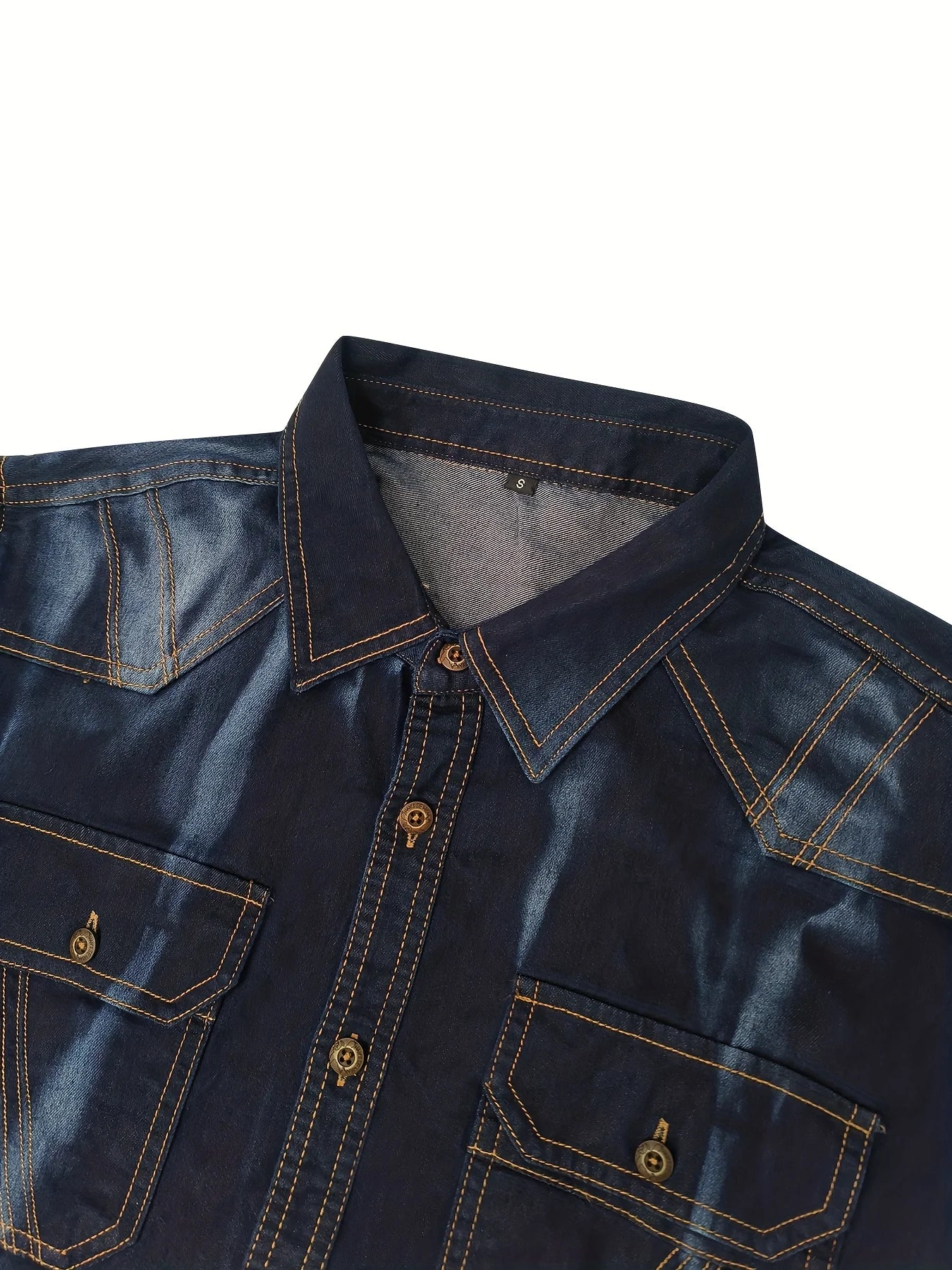 Men's Autumn Denim Shirt - Vintage Washed Tie-Dyed Cowboy Workwear Style with Double Chest Pockets, Topstitch Trim, Notched Coll