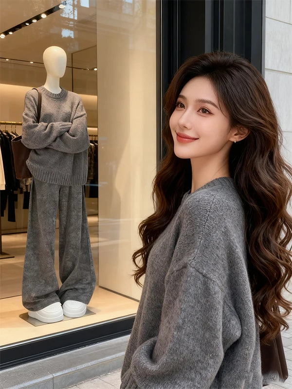Korean Style Lazy Fashion Women's High-End Knitted Sweater And Wide Leg Pants Two-Piece Set Straight Cut Casual Outfit
