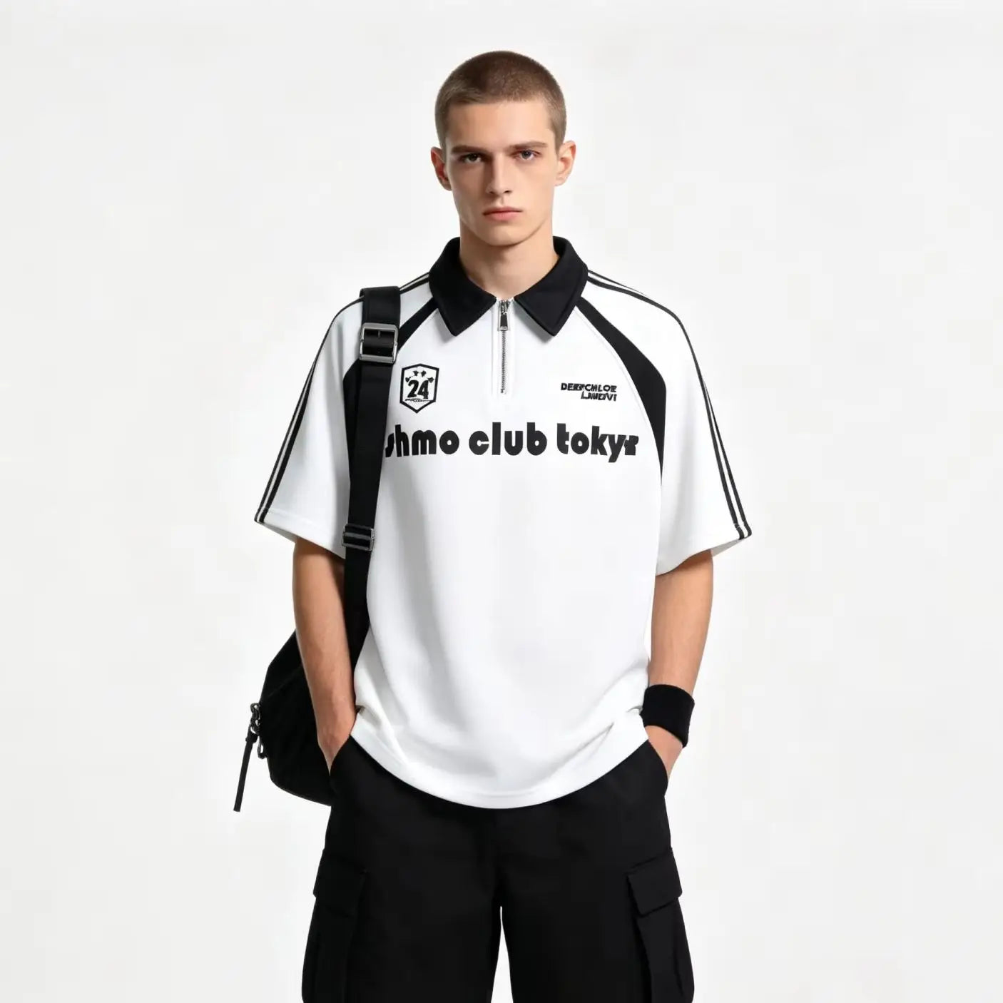 Sporty Unisex Polo T-Shirt, Black White Contrast with Stripes & Logo Print, Loose Summer Streetwear