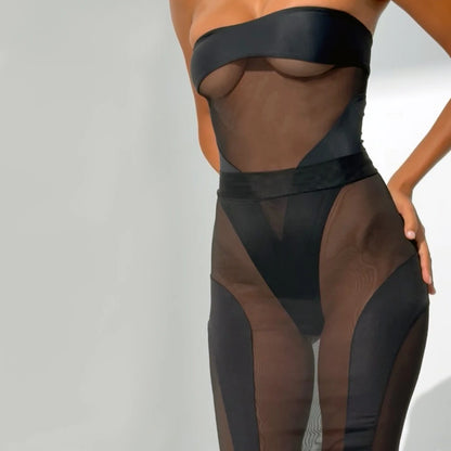 Ellolace Elegant Hot Sexy Lingerie See Through Strapless Bodysuit Half Dress 2PC Set Seductive Splicing Party Queen Costume