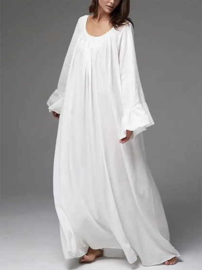 Parc Fee Casual Loose White Women Dress 2025 Elegant U-Neck Long Sleeve Floor-Length Dresses Simple Oversize Solid Female Dress