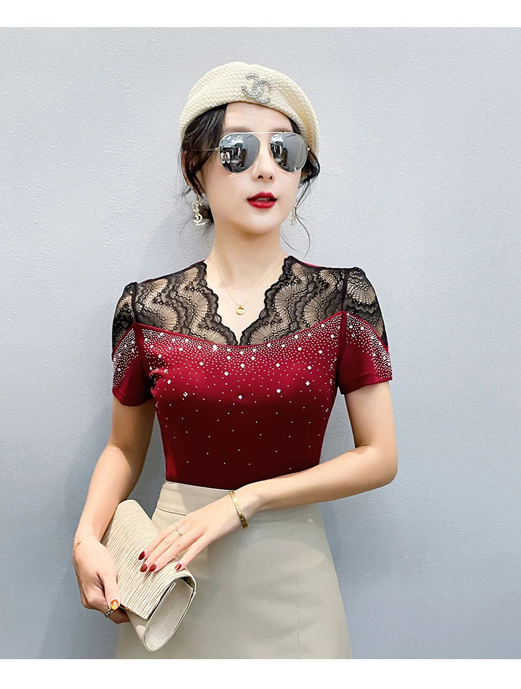 2026 Summer Women Tops New Korean Fashion Diamond Mesh T Shirt V-neck Short Sleeved Patchwork Lace Shirt