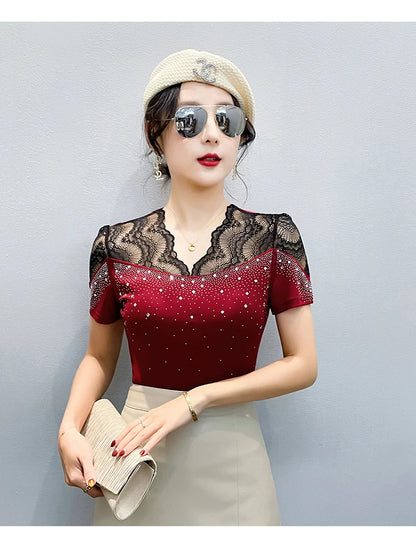 2026 Summer Women Tops New Korean Fashion Diamond Mesh T Shirt V-neck Short Sleeved Patchwork Lace Shirt