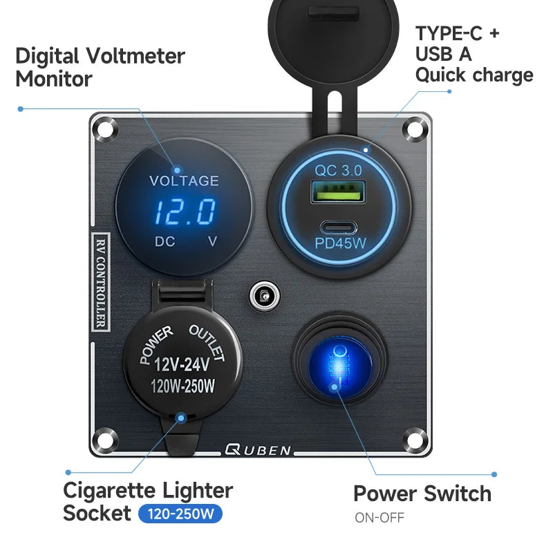 Dual Port Usb 36W On Off Digital Led Voltmeter For Car Splitter Cigarette Lighter Socket 12V QC Adapter 3.0 Quick Phone Charger