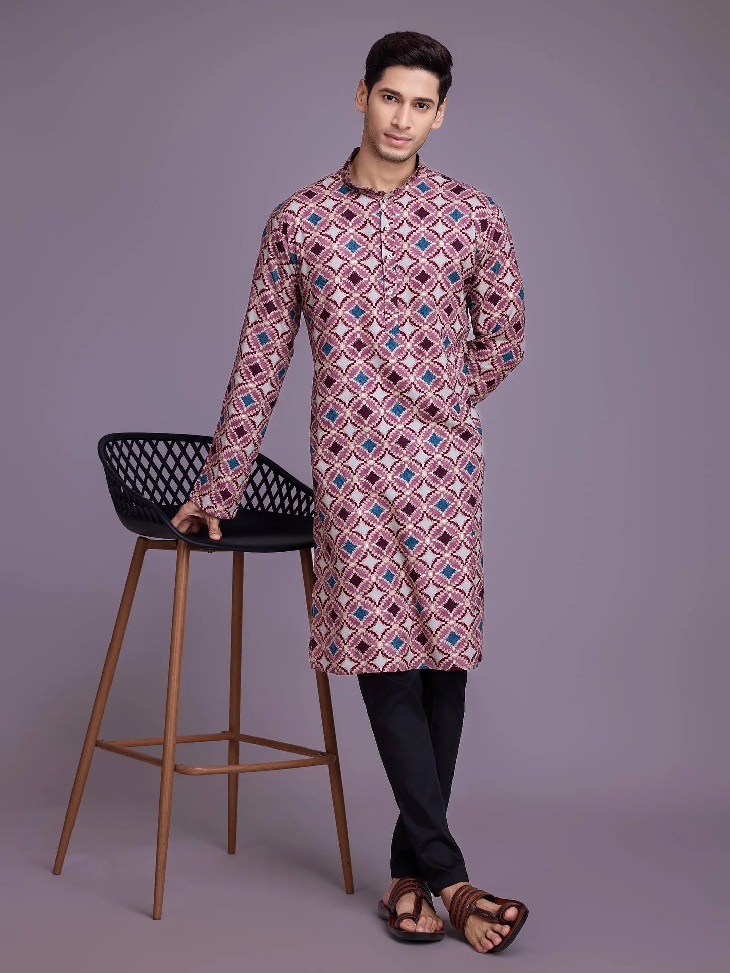 Luxury Islamic Arabic Abaya Robe National Style Ethnic Print Stand Collar Youth Mid-length Ropa Arabe Hombre Kurta For Men