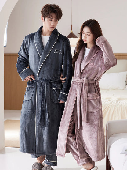 Thiened Long Coral Fce Pajamas Women's Spwear Winter Home Clothes Couple Batobes Men's plus Size Flannel Gown
