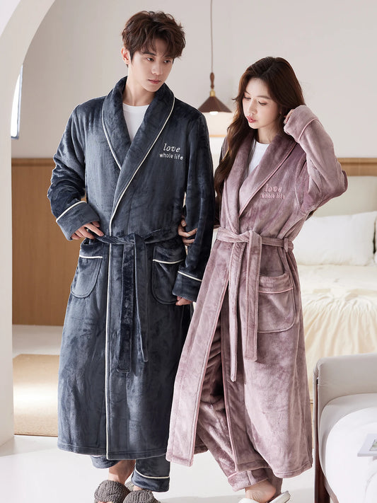 Thiened Long Coral Fce Pajamas Women's Spwear Winter Home Clothes Couple Batobes Men's plus Size Flannel Gown