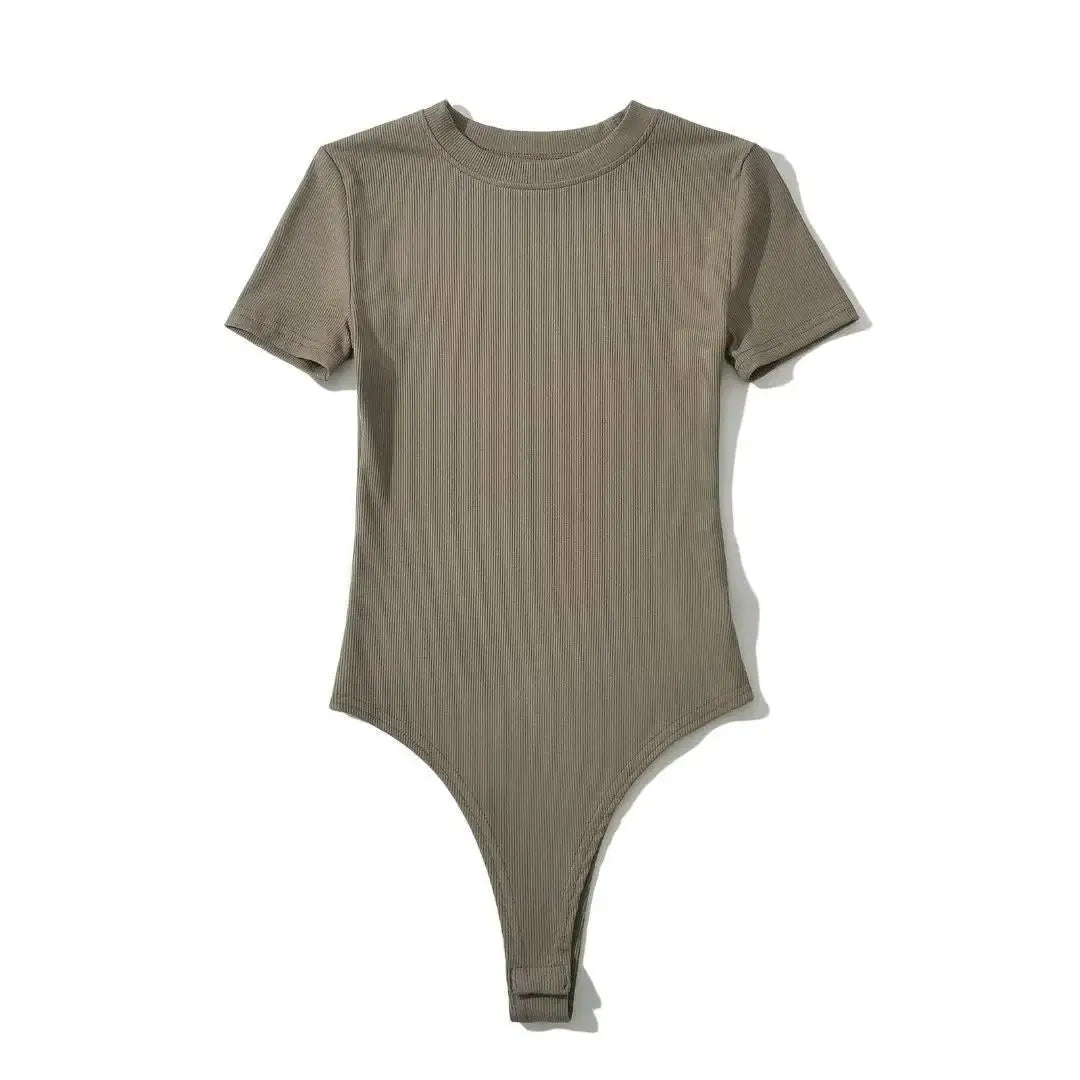 Summer Short Sleeve O-neck Knitted Bodysuits Women Stretchable Slim Basic Solid Color Tops