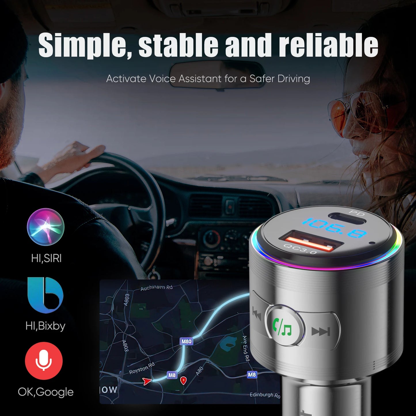 LENCENT Bluetooth 5.3 FM Transmitter Full Metal Bluetooth Car Adapter with PD 20W & QC3.0 Fast Charger Hi-Fi Music Adapter