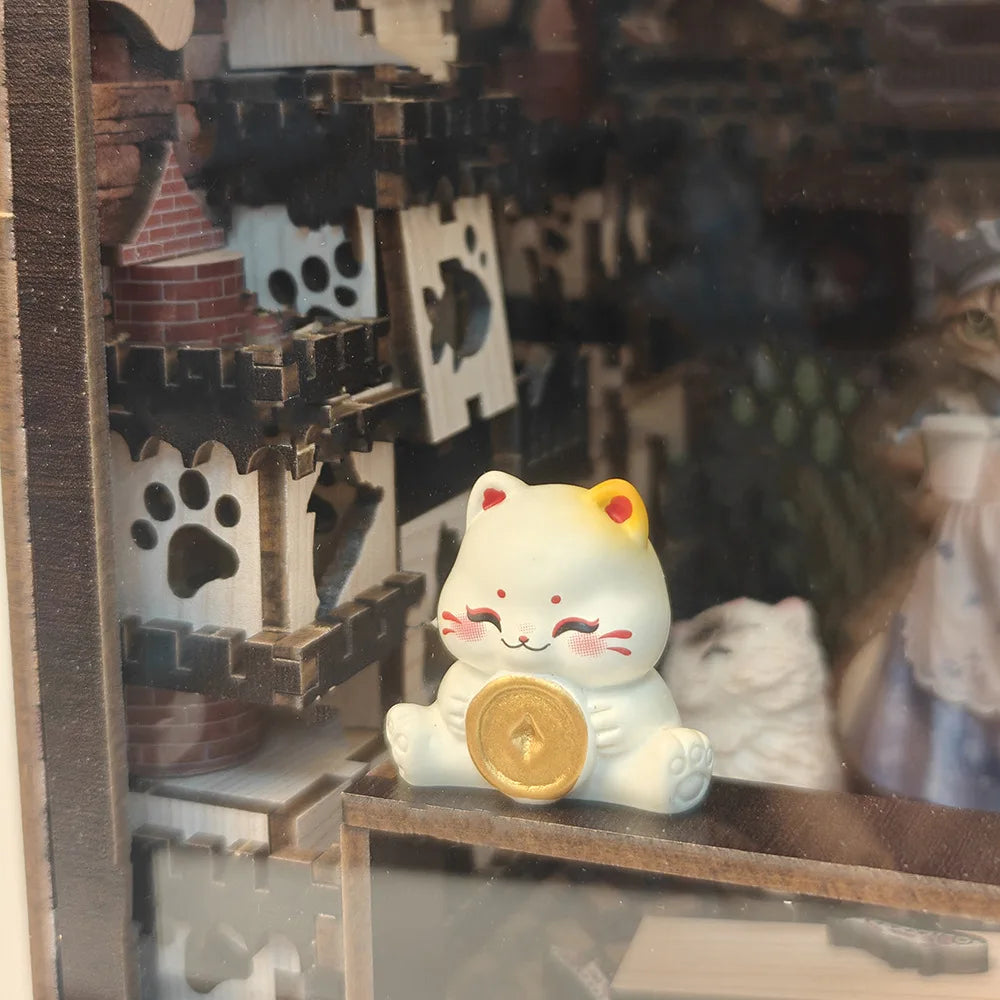Cat Cafe Wooden Book Nook 3D Wooden Puzzle DIY Handmade Miniature Model Assembly Toy Craft Kit For Adults Teens With Led Light