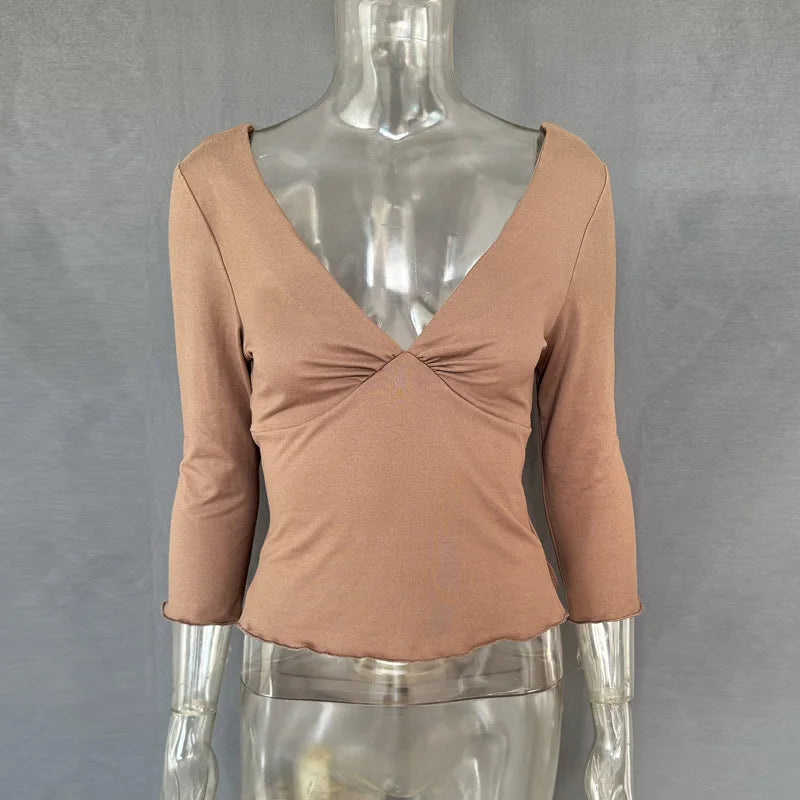 Tossy Summer V-Neck Sexy T-Shirts Top Women Patchwork Casual Solid Slim Commute Y2k Top Pullover Female Backless Tee Top 2026