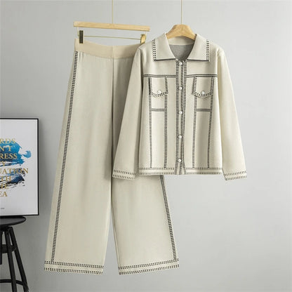 Loose Long Sleeve Collared Sweater And Pants Set Women's Casual Style Fashion 2025 Autumn Season Single Button Opening Cardigan