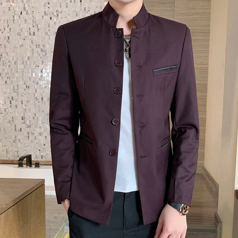 Blazer Men's Zhongshan Suit, Fashionable Business Wedding, Slimming Gentleman, Casual High Upright Suit, Stand-up Collar Blazer
