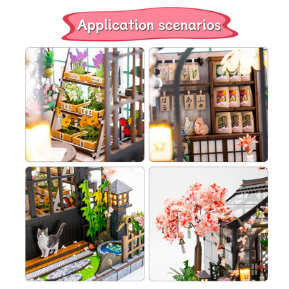 DIY Miniature Dollhouse Kit Japanese Sakura Greenhouse with LED Light Included 3D Wooden Puzzle of Furniture Decor Craft Gifts