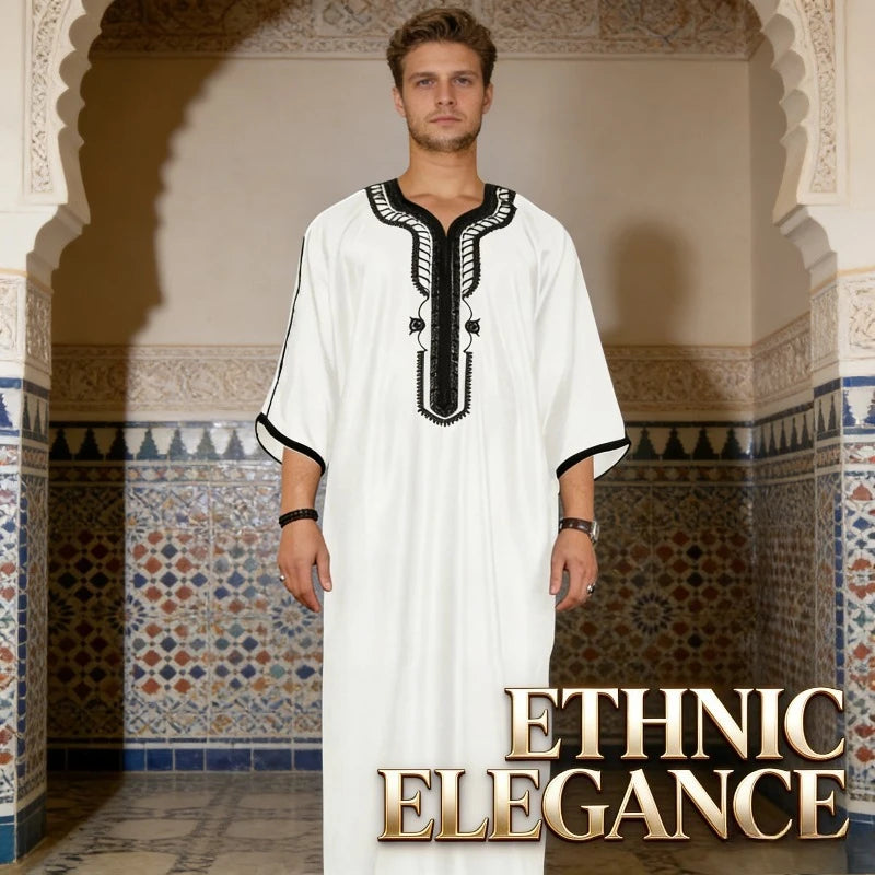 Ethnic Clothing Outfit Mens Plain Black Muslim Embroidered Robe Long Shirt Casual Youth Traditional Daily Fashion