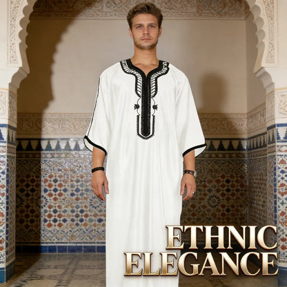 Ethnic Clothing Outfit Mens Plain Black Muslim Embroidered Robe Long Shirt Casual Youth Traditional Daily Fashion