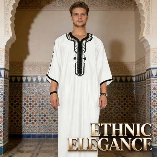 Ethnic Clothing Outfit Mens Plain Black Muslim Embroidered Robe Long Shirt Casual Youth Traditional Daily Fashion