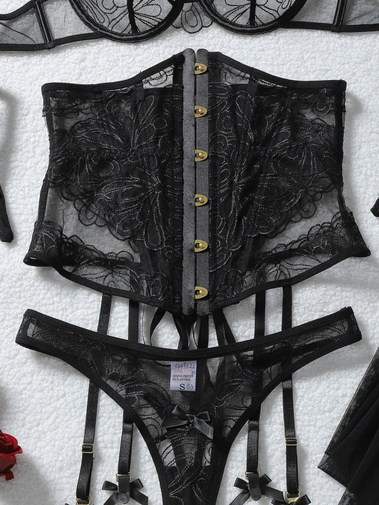 Belamimi Women's Lingerie Sets  Corset Thong 5PC Set Sexy Hot Strapless Lace Fancy Deep V-neck Women Underwear