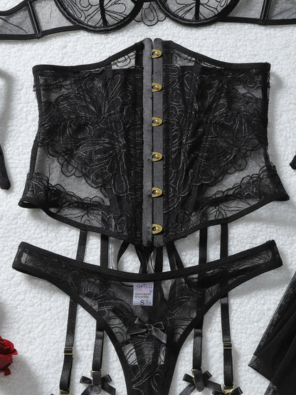 Belamimi Women's Lingerie Sets  Corset Thong 5PC Set Sexy Hot Strapless Lace Fancy Deep V-neck Women Underwear