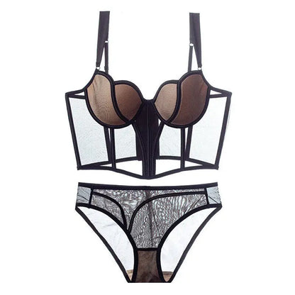 French Style Fishbone Corset Bra Set Push Up Thin Lingerie For Small Breasts Full Support Anti Sag Plus Size S-XL Sexy Underwear
