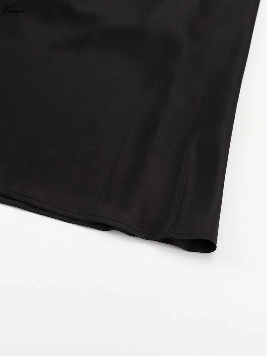 Oymimi Elegant Black Satin Womens Dresses Fashion Strapless Loose Solid Dresses Casual Simple Floor-Length Dress Female Clothing
