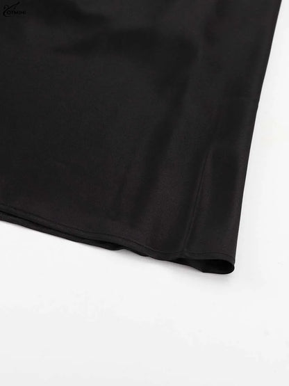 Oymimi Elegant Black Satin Womens Dresses Fashion Strapless Loose Solid Dresses Casual Simple Floor-Length Dress Female Clothing