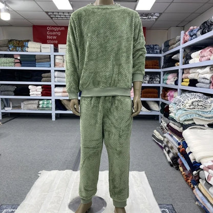 Couples Flannel Sleepwear Hooded Home Clothes Set Men Women Casual Warm Long Sleeve round Neck Wide Leg Pants Comfortable