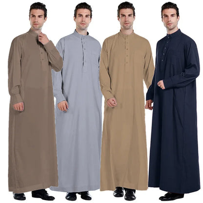 New Middle East Men Thobe Pure Color Qatar Stand Collar Robe Muslim Gown Muslim Fashion Ropa Turca Islamic Clothing
