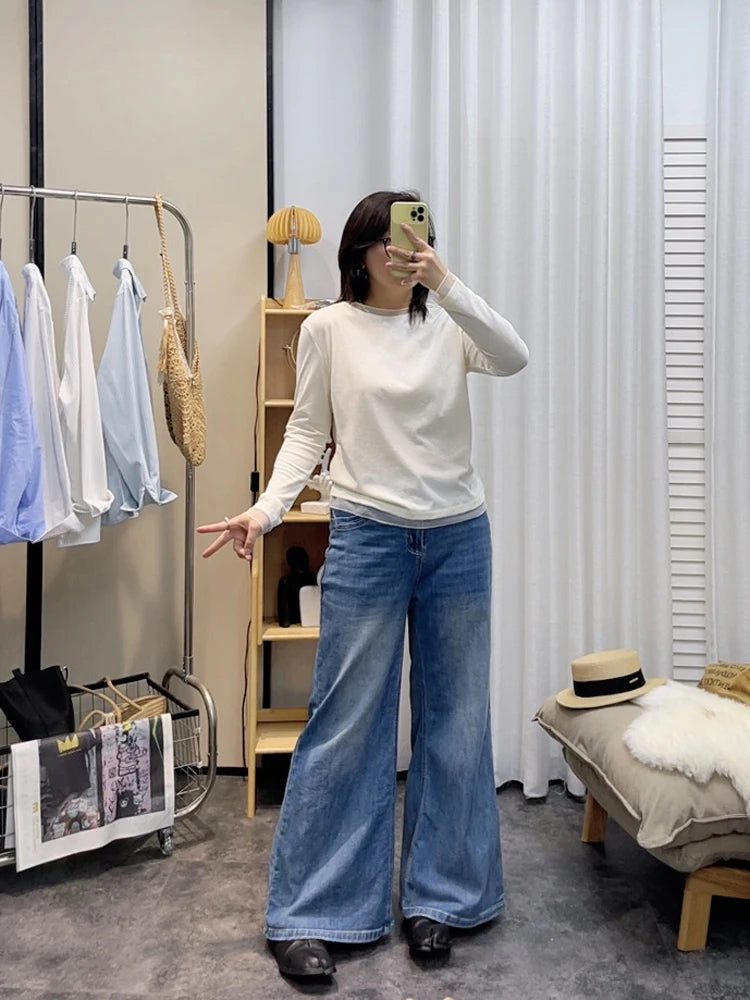 Spring New plus Size round Neck Mesh Splice Loose Long Sleeve Base Shirt Women Fat MM Slimming Belly Cover Simple T-shirt