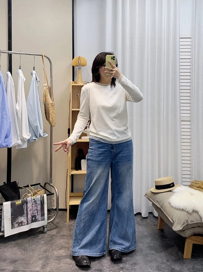 Spring New plus Size round Neck Mesh Splice Loose Long Sleeve Base Shirt Women Fat MM Slimming Belly Cover Simple T-shirt