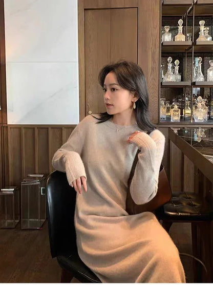 Women's Pure Cashmere Knit Dress Simple round Neck Knee-High Coat Long Sweater Skirt Autumn Winter Fashion New Arrival