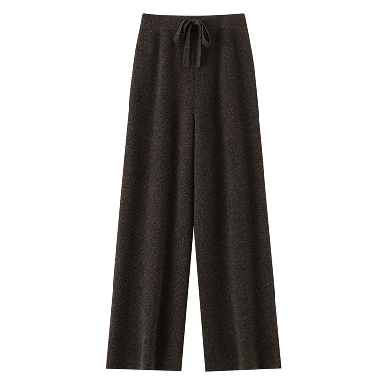Chic Wide-Leg Pants Women's Autumn Winter Solid Color 100% Merino Wool Knitted Casual Loose Soft Thick Warm Popular Trousers