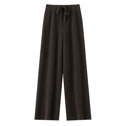 Chic Wide-Leg Pants Women's Autumn Winter Solid Color 100% Merino Wool Knitted Casual Loose Soft Thick Warm Popular Trousers