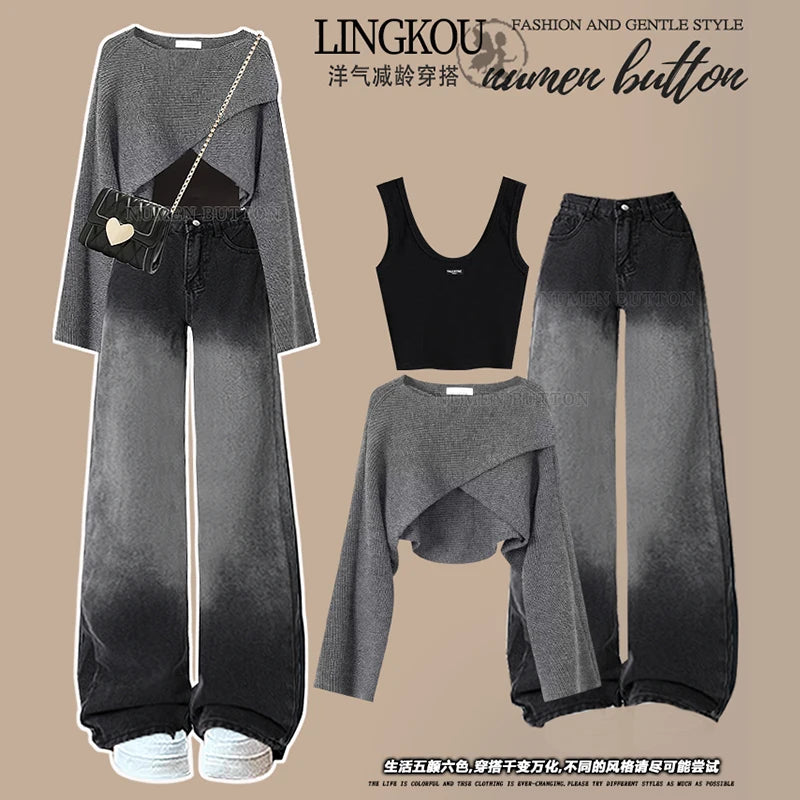 Loose Knitted Sweater High Waist Wide Leg Pants Three Piece Set Women's Denim Casual Style Autumn Winter Fashion Ensemble