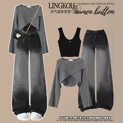 Loose Knitted Sweater High Waist Wide Leg Pants Three Piece Set Women's Denim Casual Style Autumn Winter Fashion Ensemble