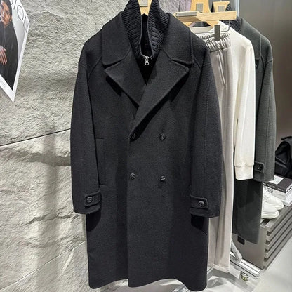 Business Men Winter Work Double Sided Woolen Detachable Knitted Collar Trench Coat Belt Double Breasted Wool Blends Windbreaker