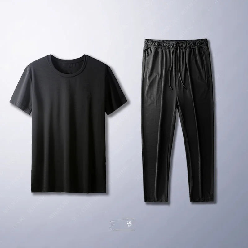 Ice Silk Men's Casual Pants Sports Set Air Conditioning Pants Quick Dry Trendy Large Size Short Sleeve T-Shirt Mesh Summer Wear