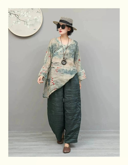 Artistic Ramie Pant Women Summer Lightweight Loose Casual Long Pants LX5871