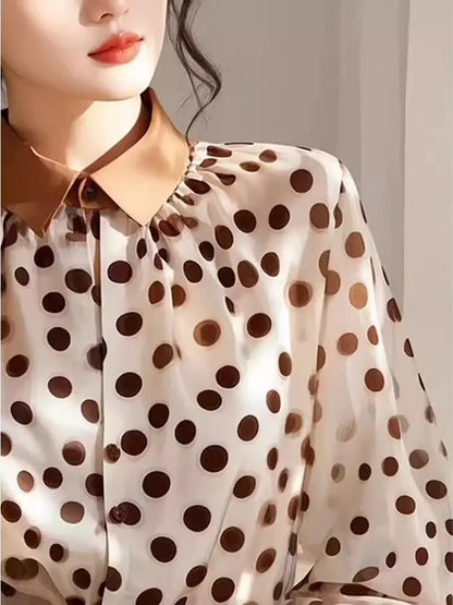 2025 Summer New Loose Polka Dot Women's Shirt Design Sunscreen Chiffon Blouse Elegant Commute Style Long Sleeve  Collar