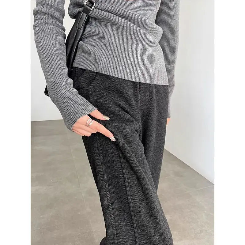 Thickened Fleece Wide Leg Pants High Waist Trousers for Women Casual Autumn Winter Slimming Warmth Pants Korean Style