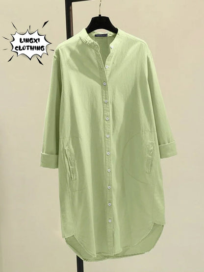 Fashion New Elegant Solid Cotton Linen Women's Shirt Single Breasted Round Neck Casual Commuter Style Mid Length Shirt