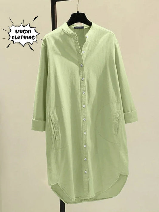 Fashion New Elegant Solid Cotton Linen Women's Shirt Single Breasted Round Neck Casual Commuter Style Mid Length Shirt
