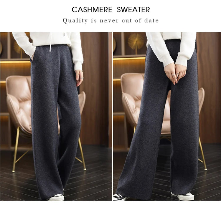 Women's 100% Cashmere Wide Leg Pants Knitted Thick Autumn/Winter Casual Solid Color Elastic Waistband Pockets
